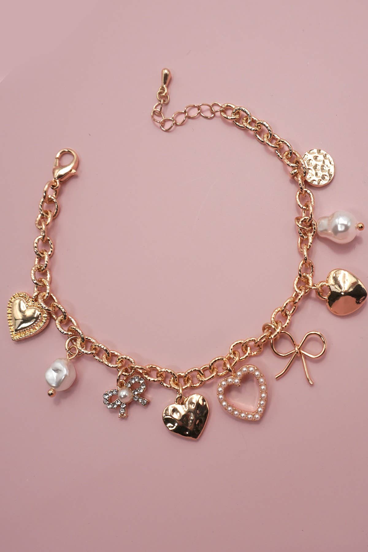 CHARM BRACELET-BOW HEART PEARL DISC CHARMS