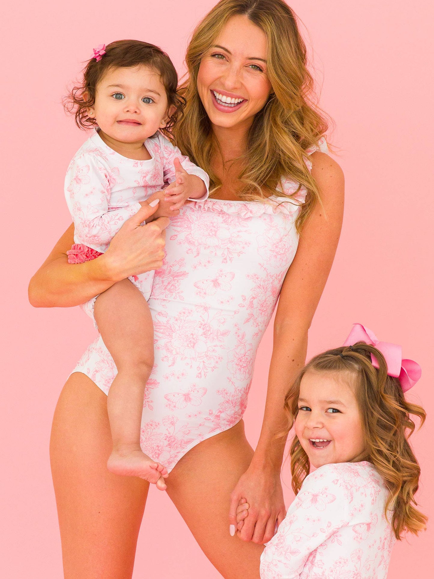 Women's Bubblegum Pink Butterfly Garden Toile Ruffle One Piece Swimsuit