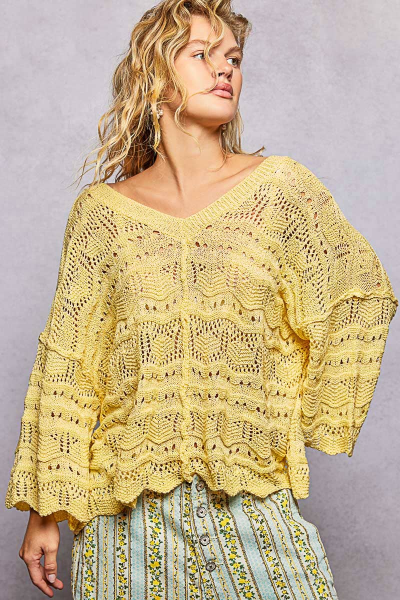 Open Knit V-Neck Oversized Short Sleeve Sweater Top