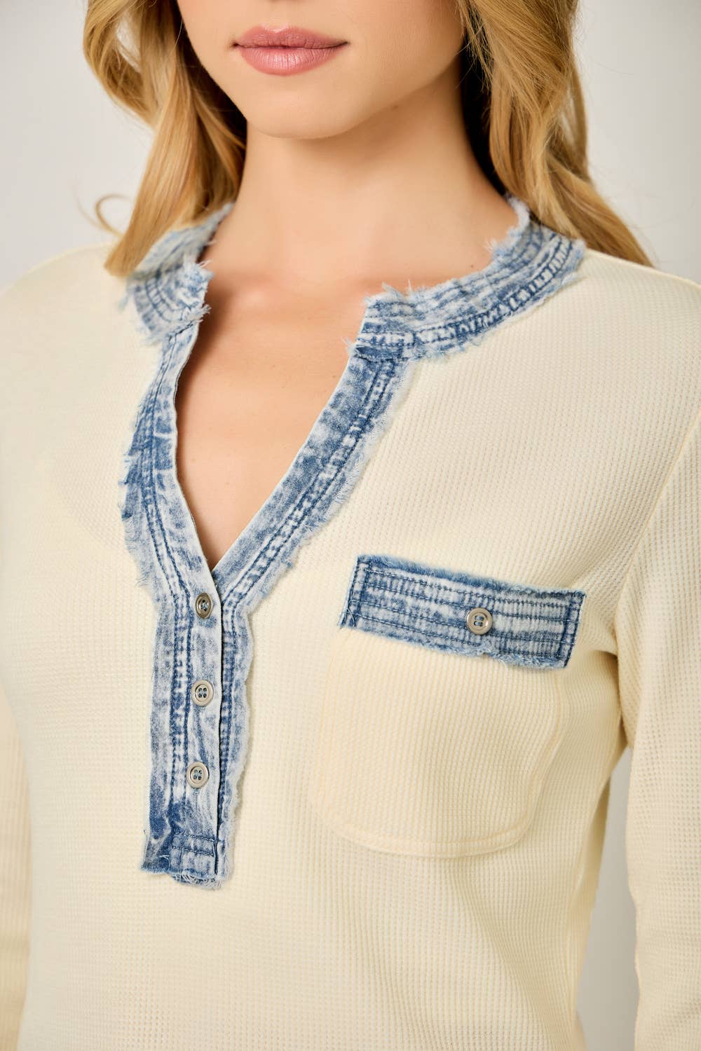 Denim Mixed Henley Top