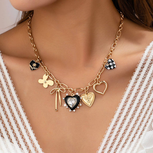 CHARM NECKLACE-BOW CHECKER HEART RHINESTONE