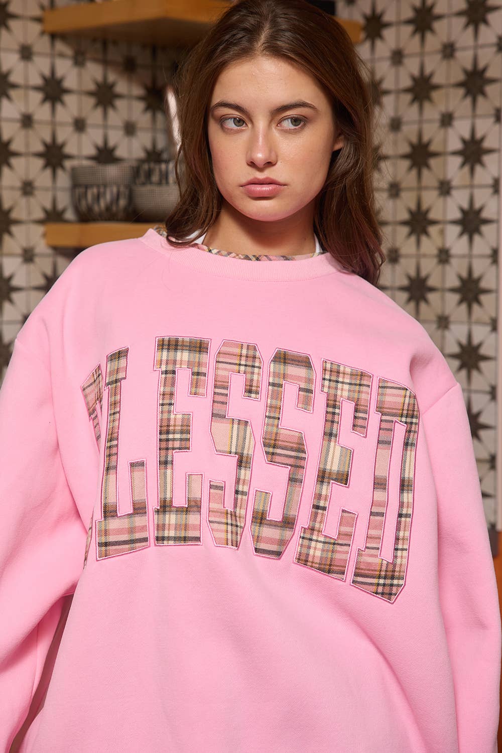 'BLESSED' Plaid Applique Varsity Sweatshirt