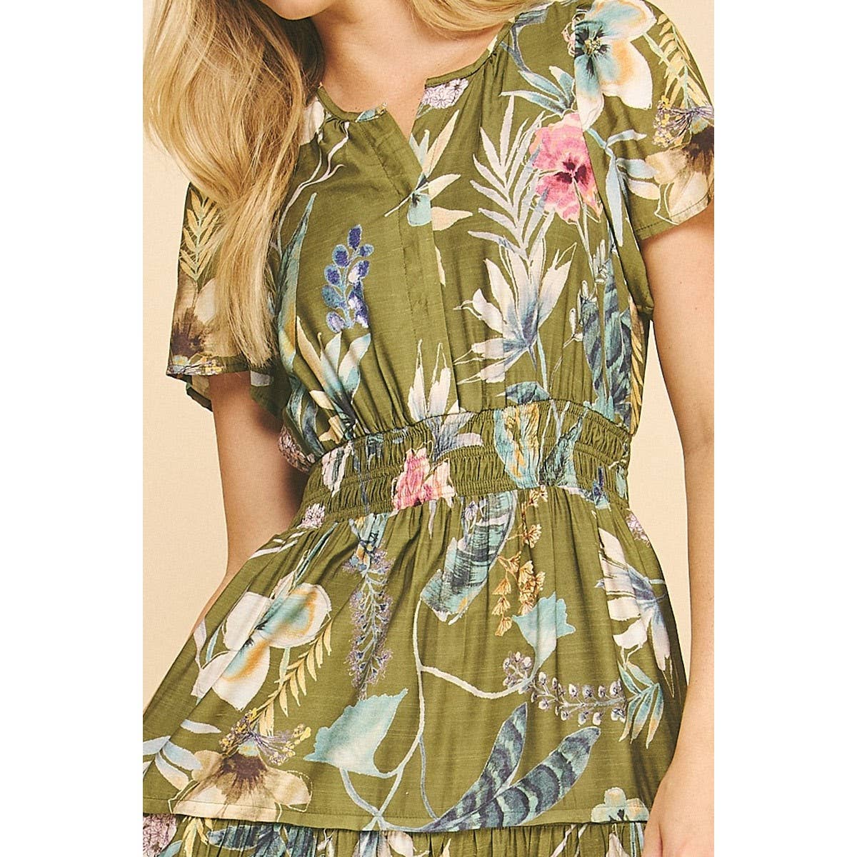 Floral Print Split Neck Tiered Maxi Dress