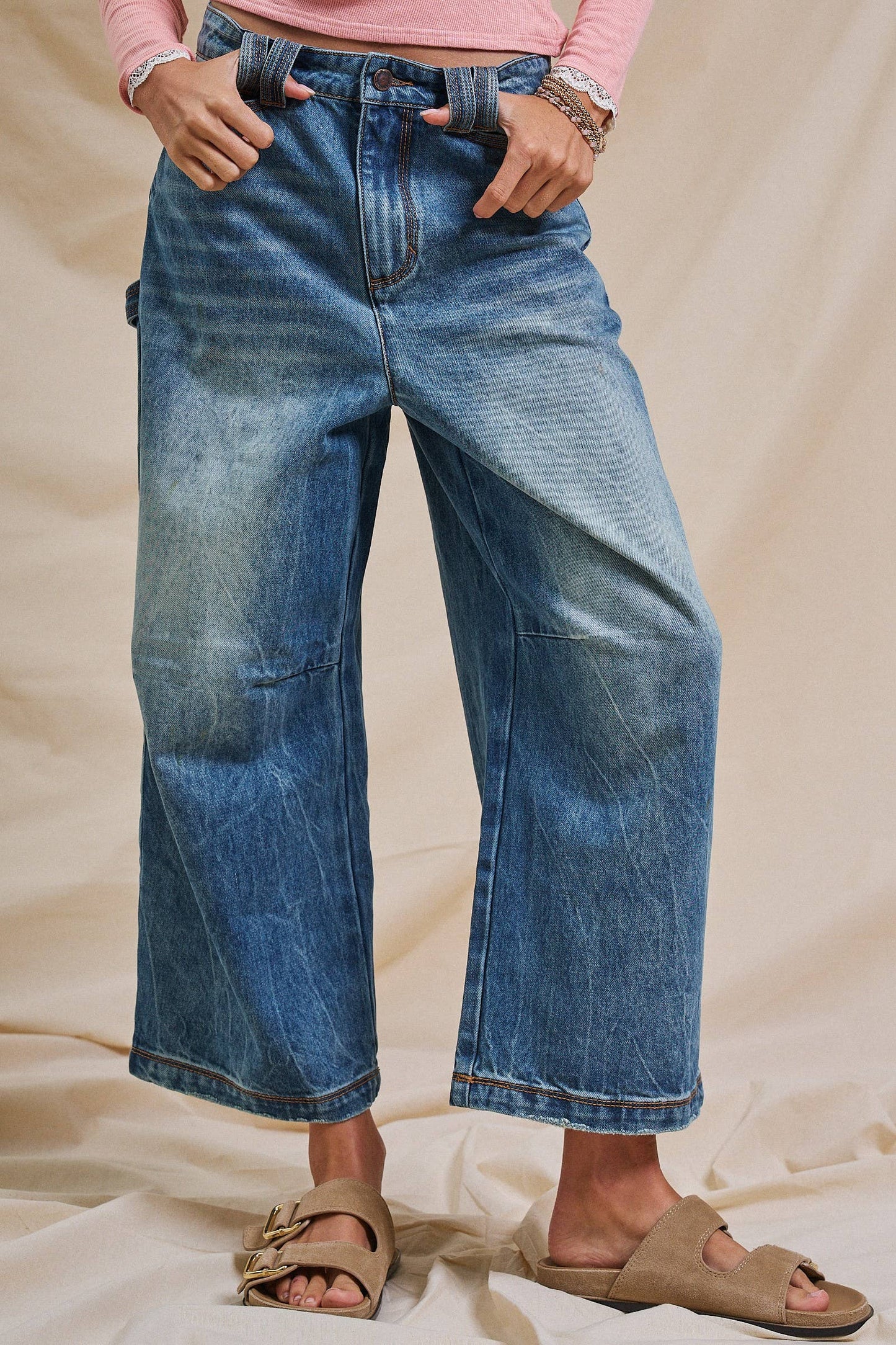 Vintage Wash Cropped Wide-Leg Jeans