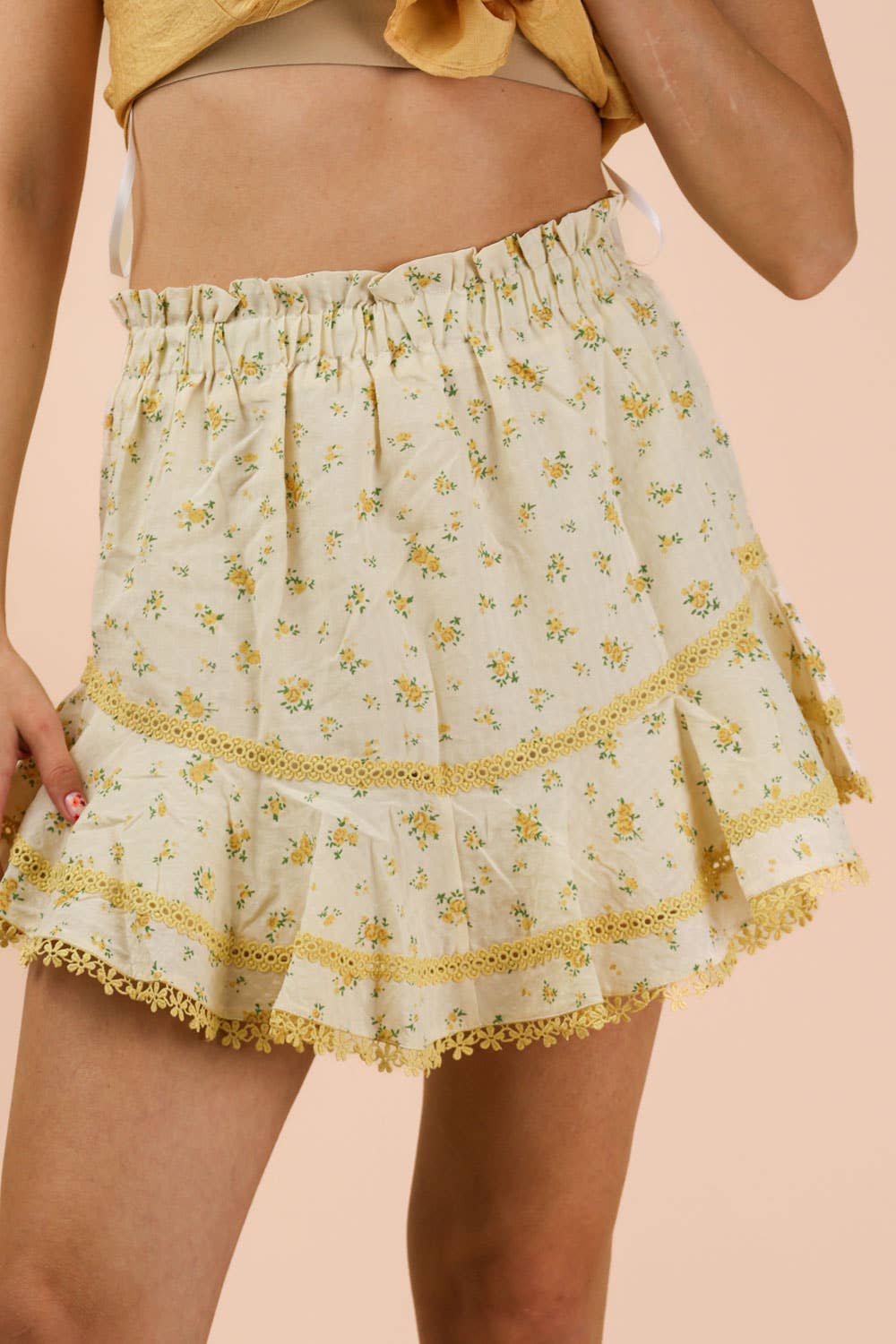Floral Printed Ruffled Shorts W/ Crochet Trim