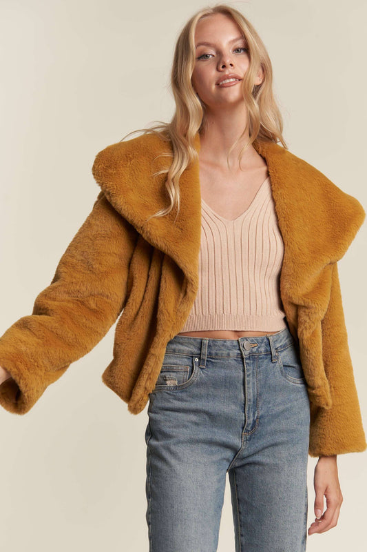 FAUX FUR SNAP CLOSURE ELASTIC WAIST LONGSLEEVE JACKET