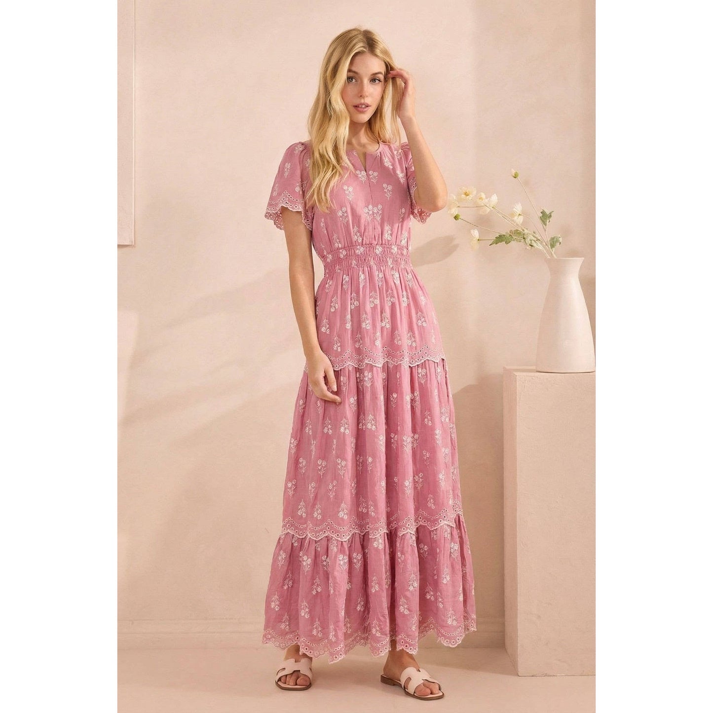 MAXI DRESS WITH WHITE FLORAL EMBROIDERY, SMOCKED WAIST