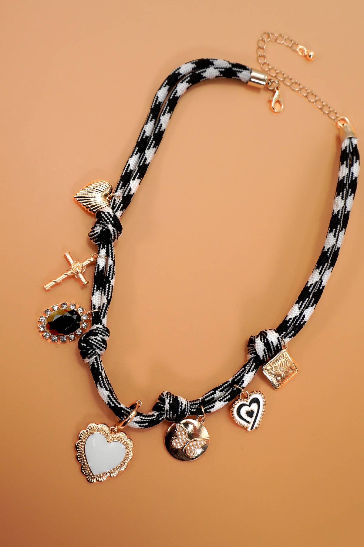DOUBLE CORD CHARM NECKLACE - HEART CROSS STONE