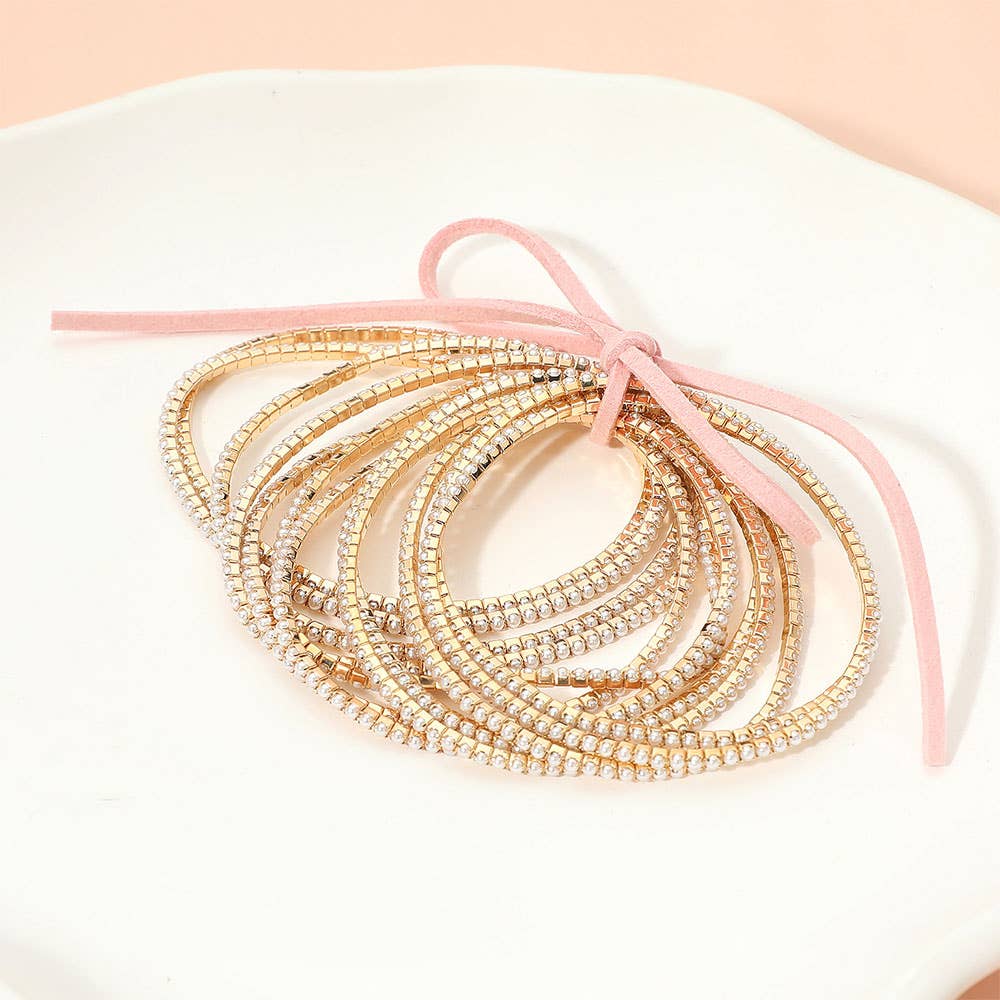 12PCS - Ribbon Pearl Rhinestone Layered Stretch Bracelets