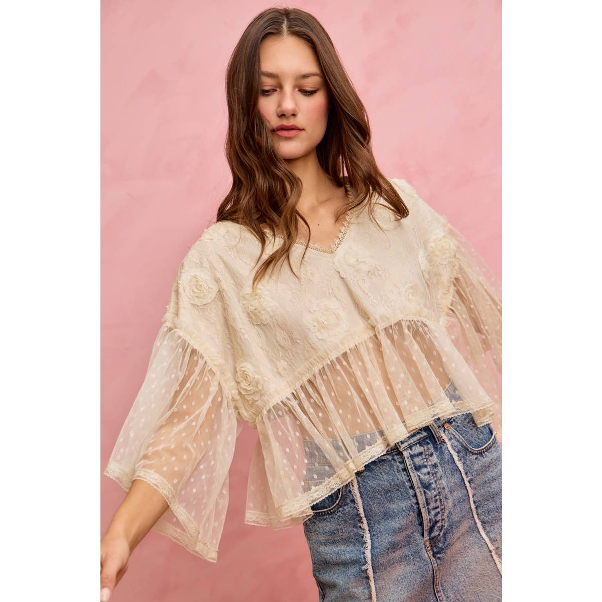 FLORAL APPLIQUE LACE FLOWY V NECK BLOUSE TOP