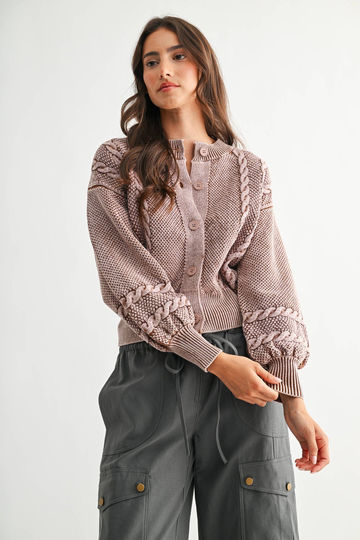 WASHED BLENDED BROWN CABLE KNIT CARDIGAN