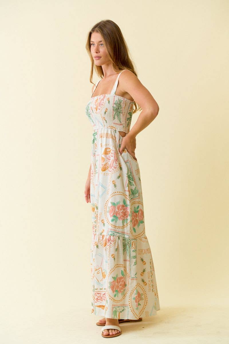 TROPICAL SMOCKING MAXI TIERED DRESS