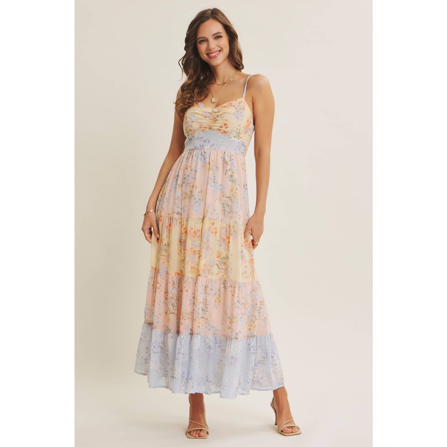 GARDEN PARTY PASTEL FLORAL COLORBLOCK SMOCKED MAXI DRESS