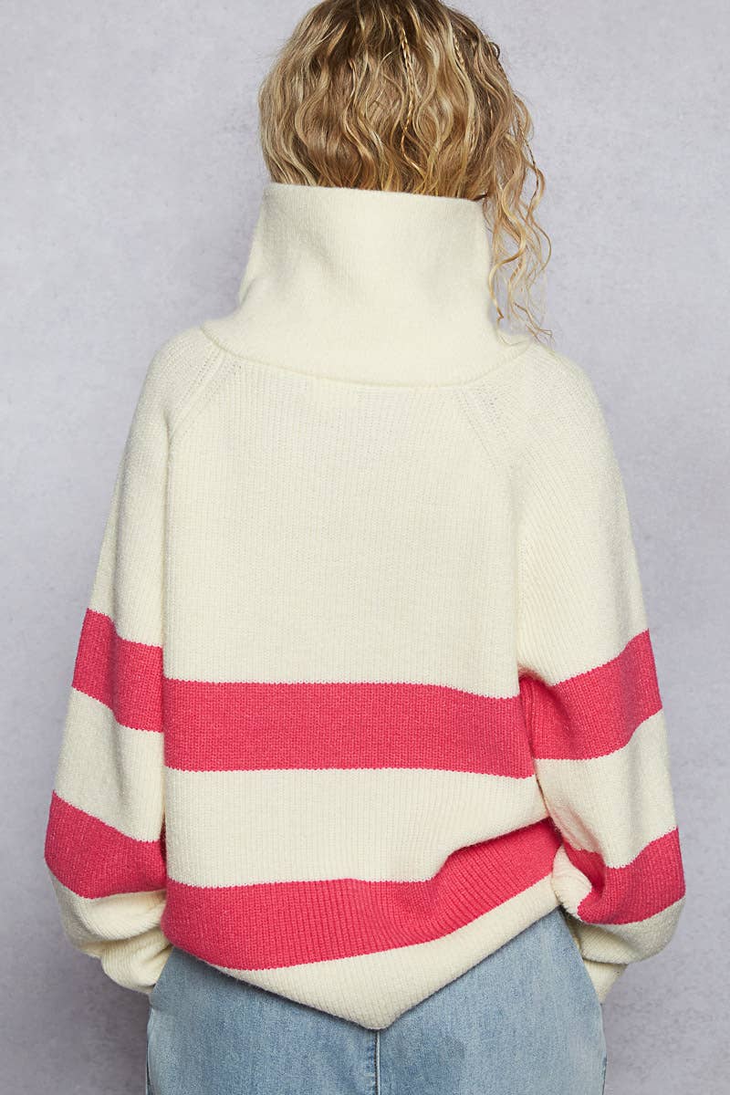Long Sleeve Mock Neck Contrast Stripe Sweater Top