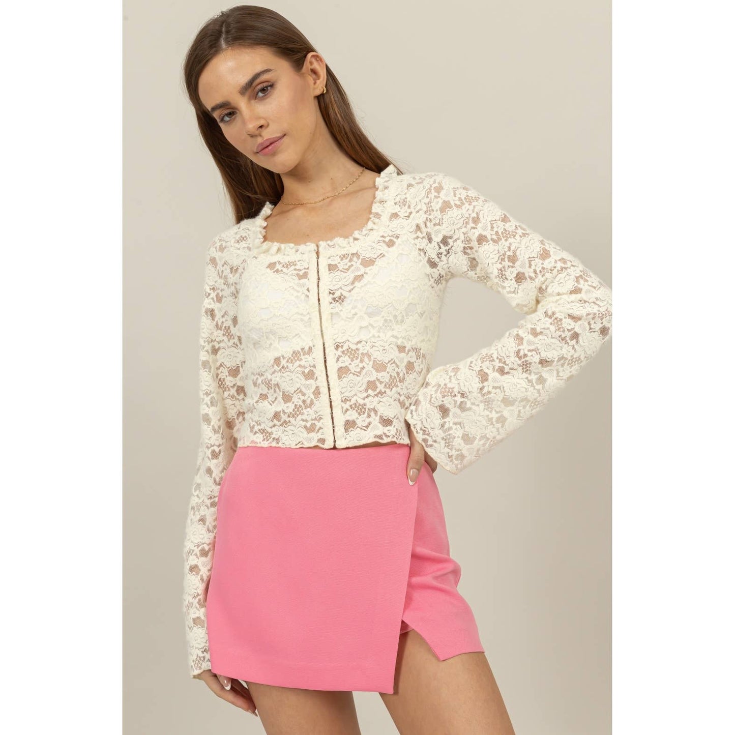 SHEER LACE LONG-SLEEVE BUTTON-UP TOP