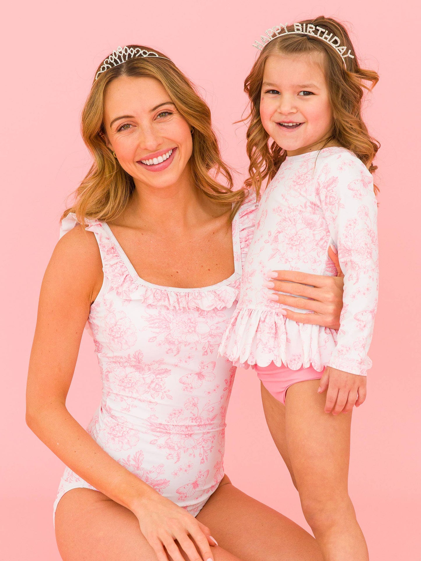 Women's Bubblegum Pink Butterfly Garden Toile Ruffle One Piece Swimsuit