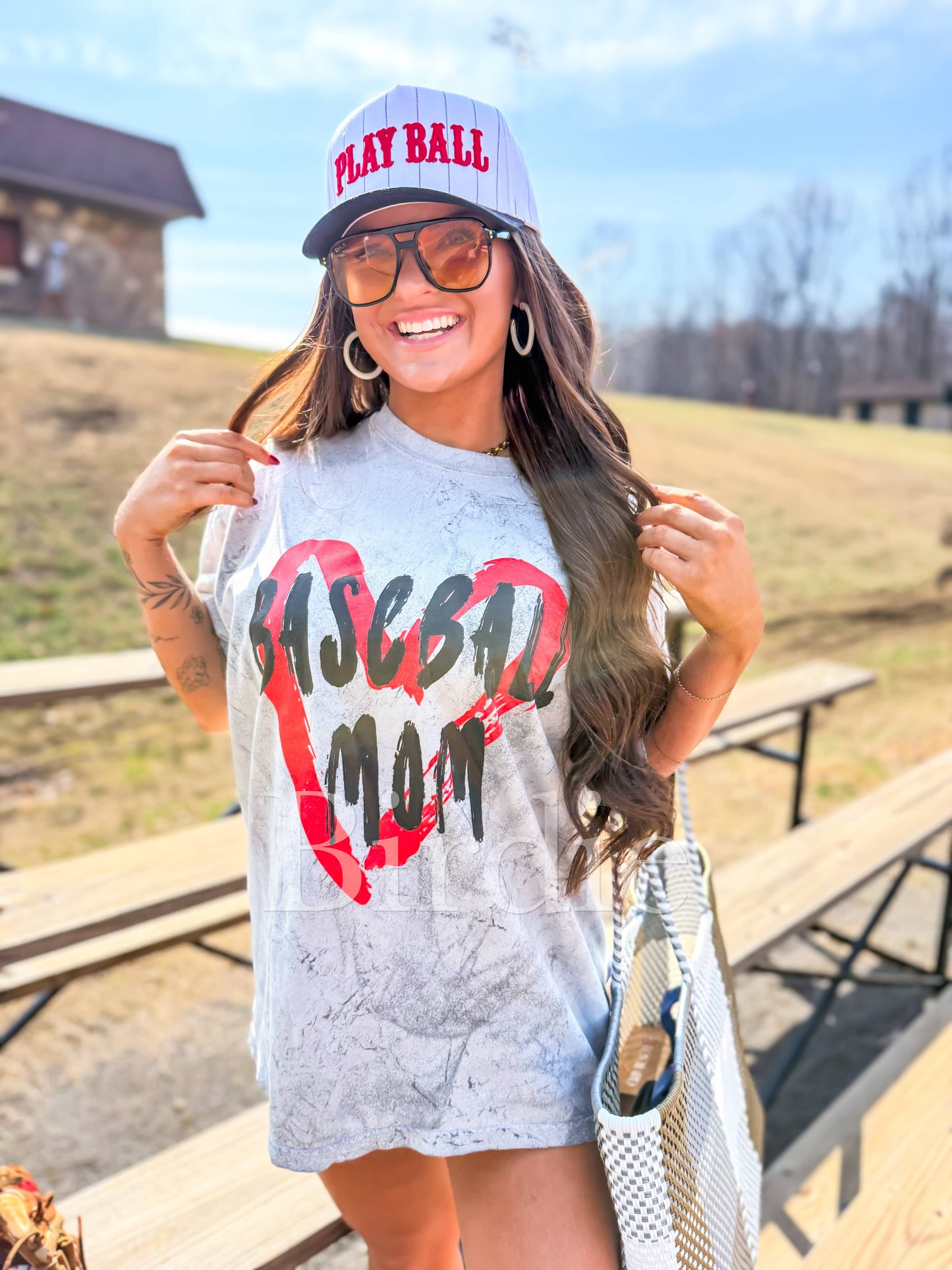 Red Heart Baseball Mom Graphic Tee on Smoke Colorblast