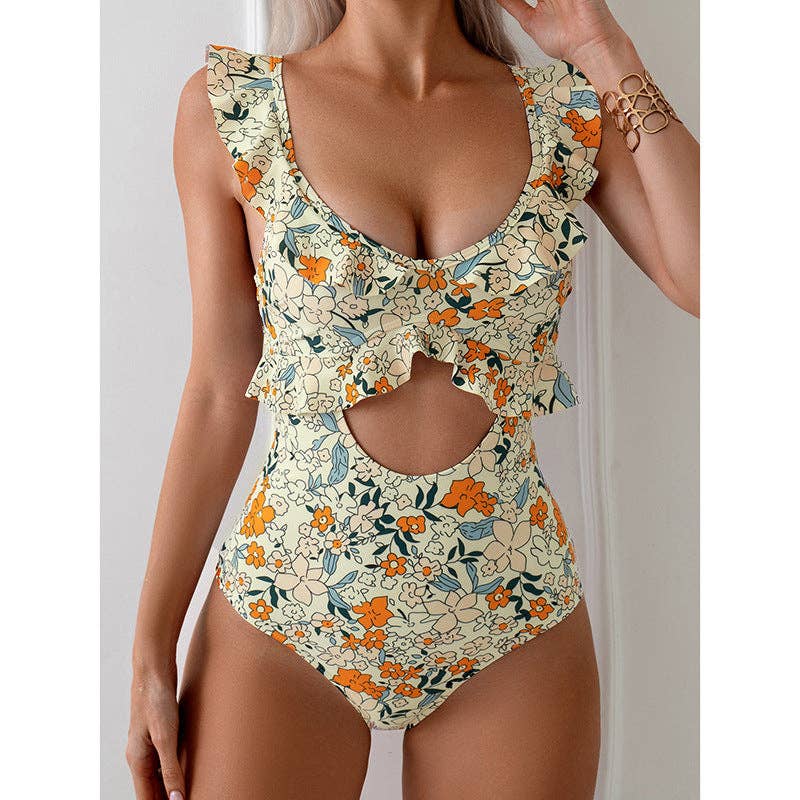 Print Flounce Sweet U-Neck One Piece Swimwear