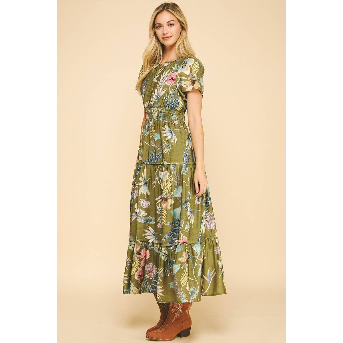 Floral Print Split Neck Tiered Maxi Dress