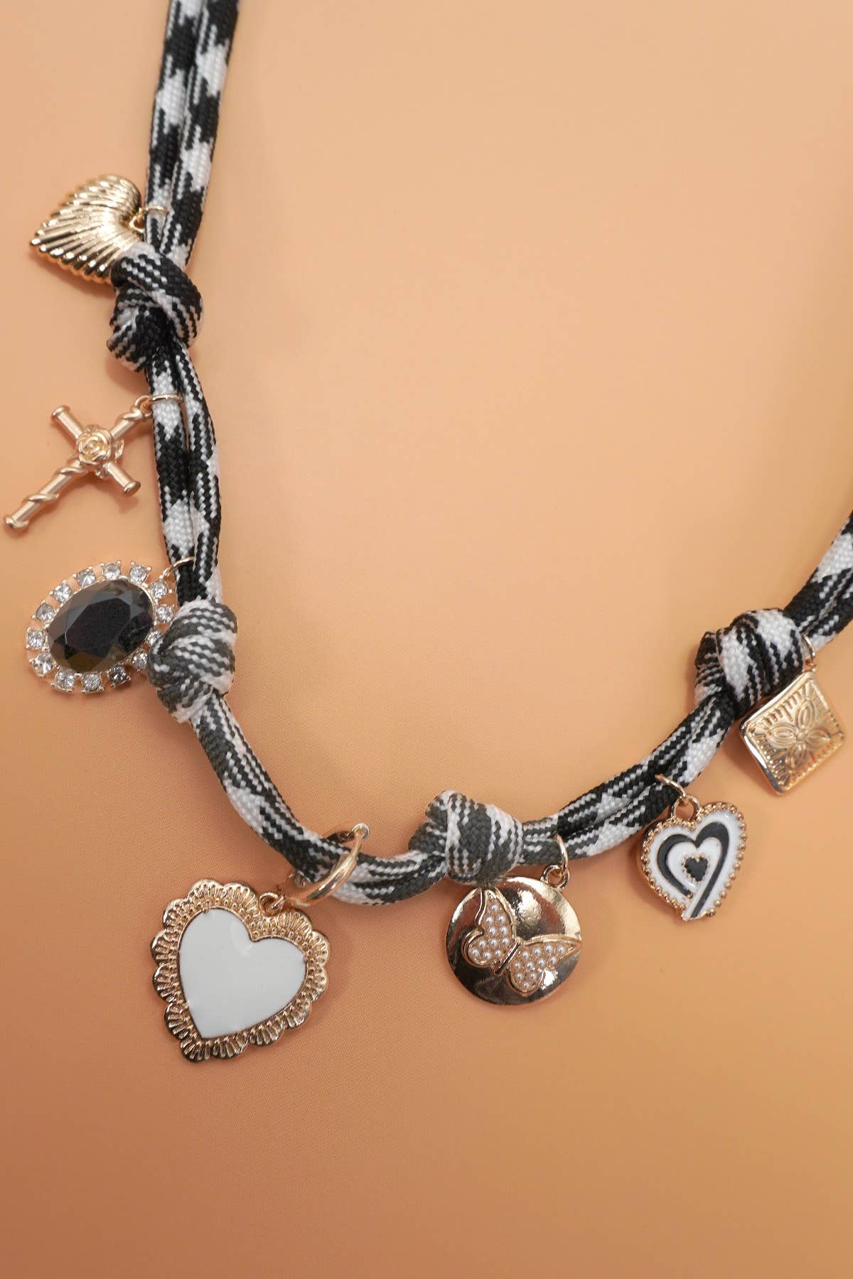 DOUBLE CORD CHARM NECKLACE - HEART CROSS STONE