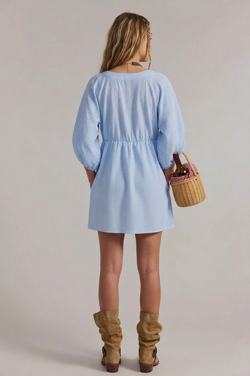 V-neck Lantern Sleeve Babydoll Dress