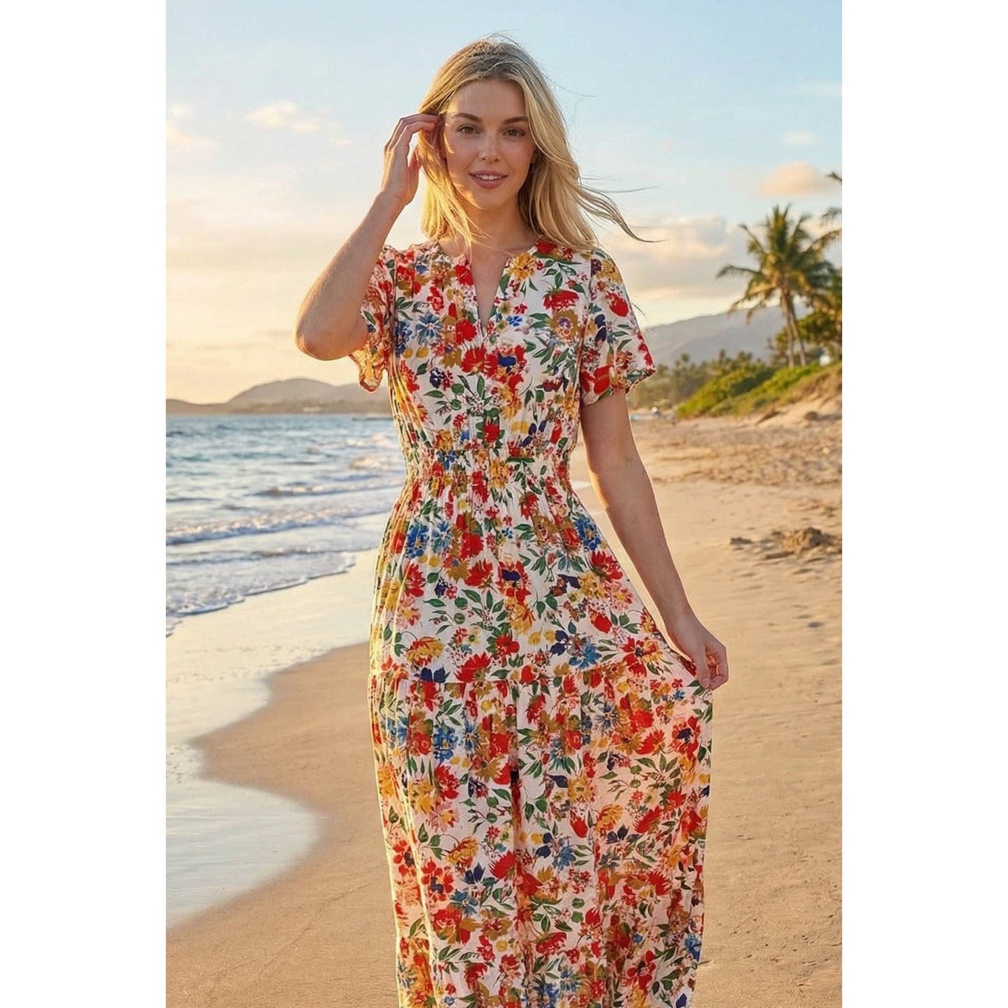 Floral Printed Smocked Short Sleeve Maxi Dress