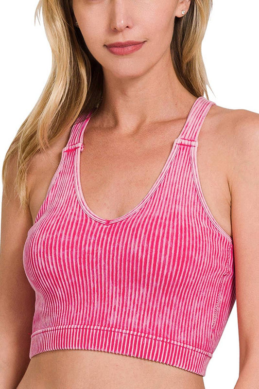 Washed Ribbed Cropped Bra Padded Tank Top