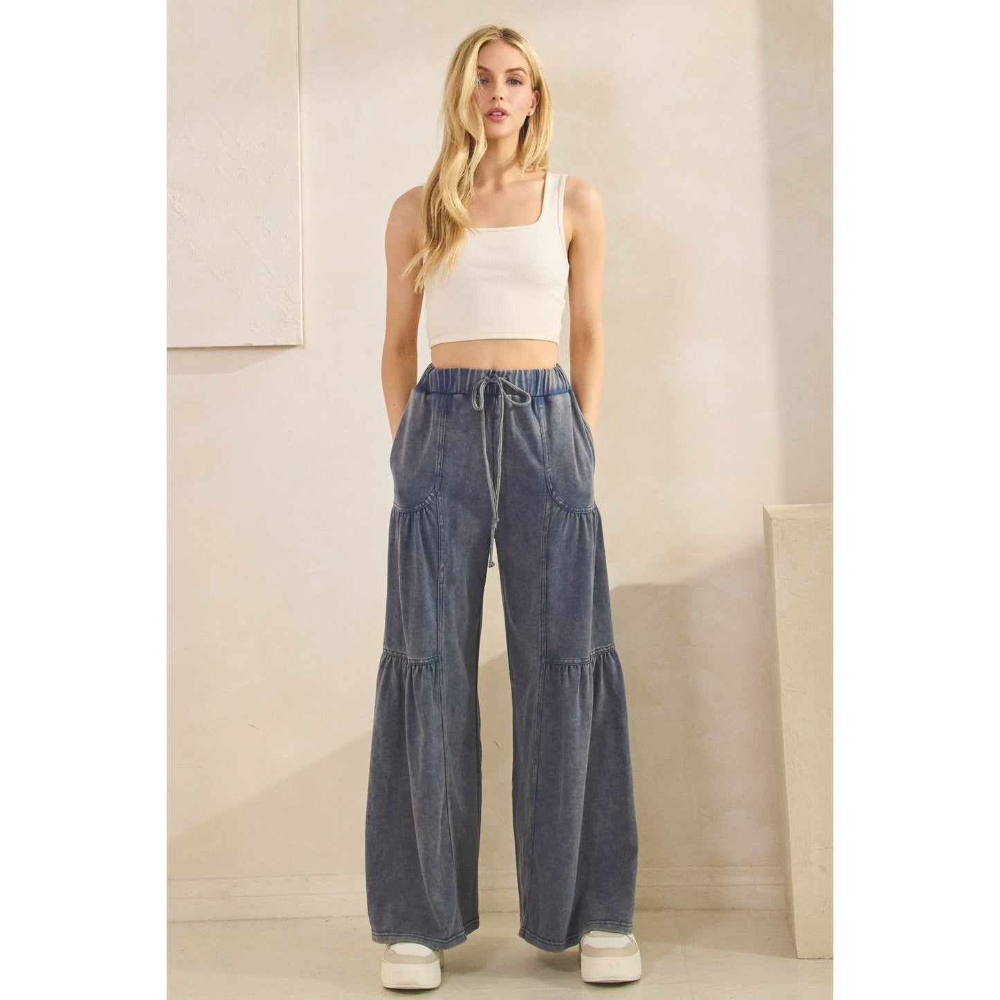 WASHED TIERED WIDE-LEG DRAWSTRING PANTS