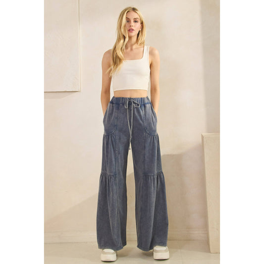 WASHED TIERED WIDE-LEG DRAWSTRING PANTS