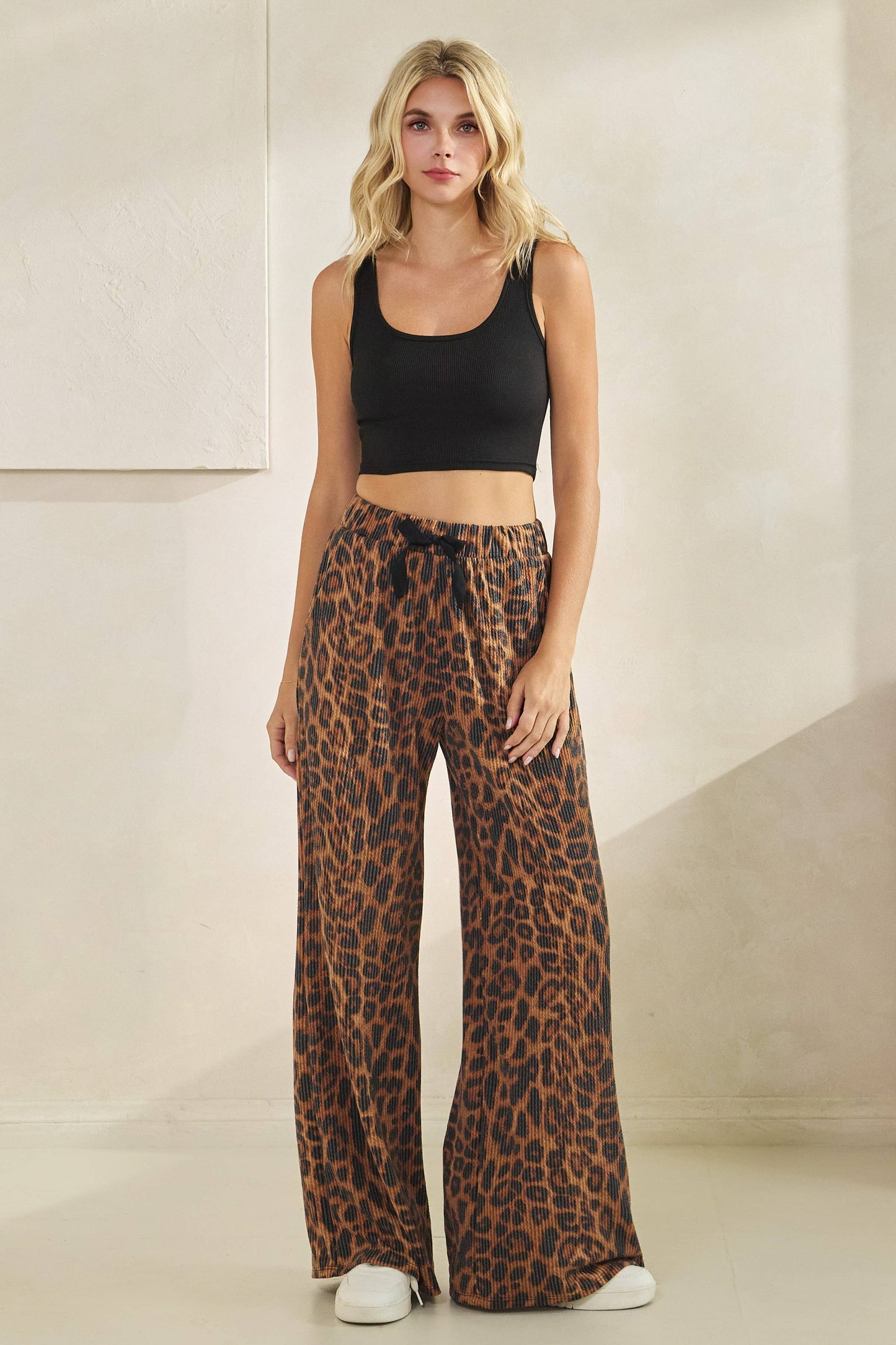 Ribbed Leopard Print Wide-Leg Lounge Pants