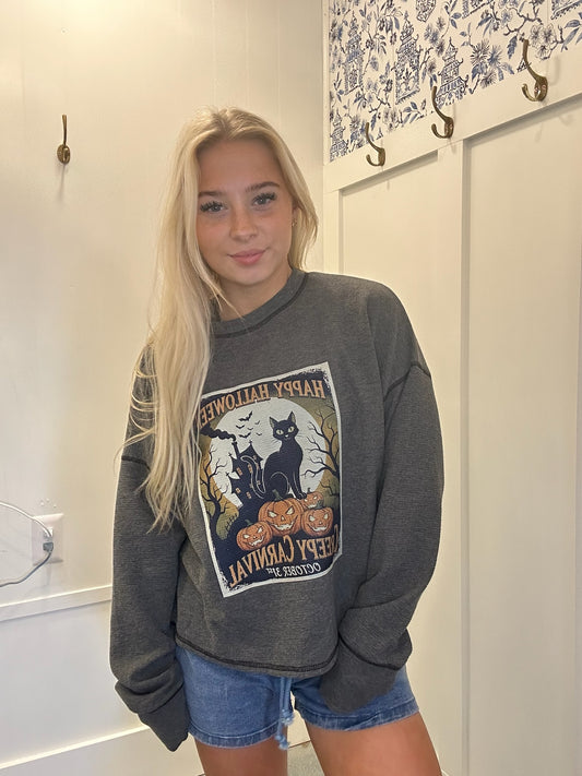 Oversized Crew Neck Top with Happy Halloween Creepy Carnival Print