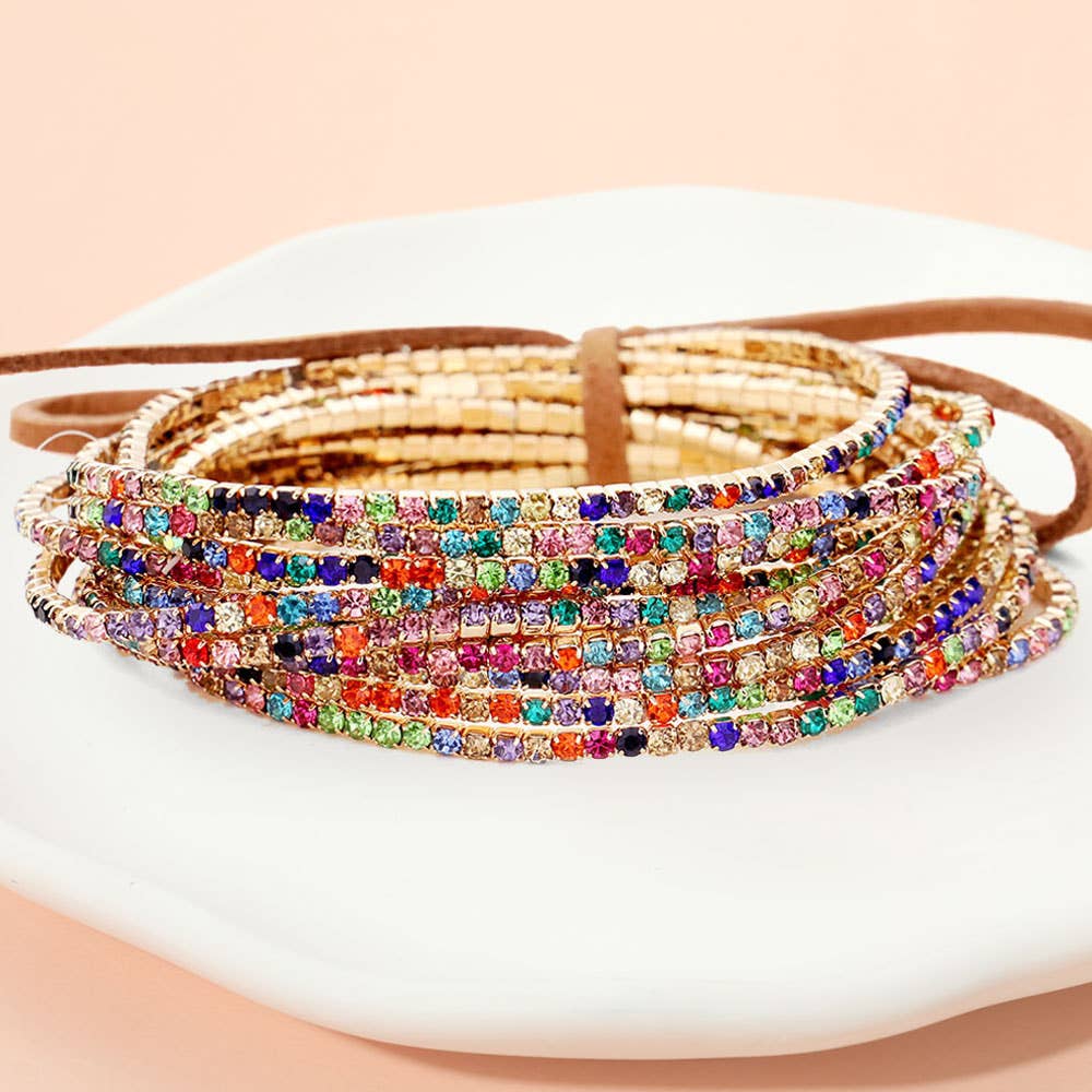 12PCS - Ribbon Pearl Rhinestone Layered Stretch Bracelets