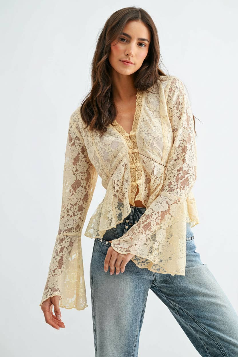 Lace Button-Down Blouse with Flared Sleeves