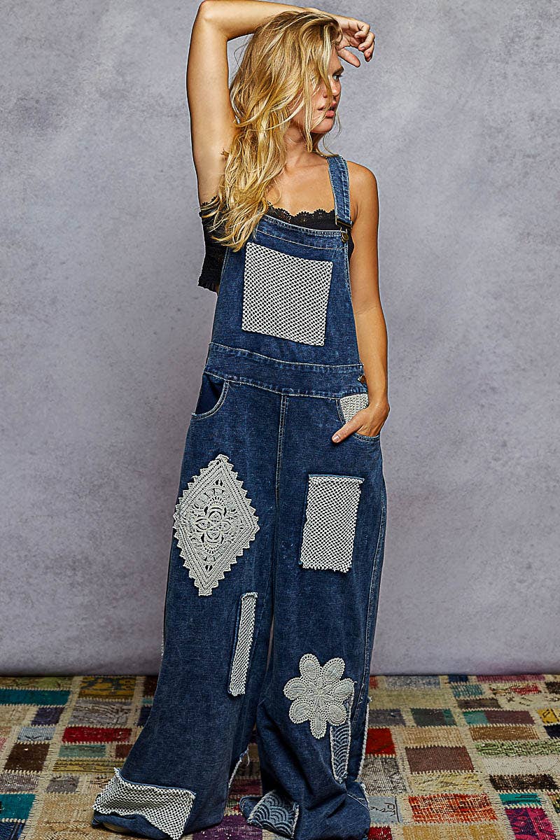 Crochet Contrast Patch Detail Chest Pocket Woven Overalls