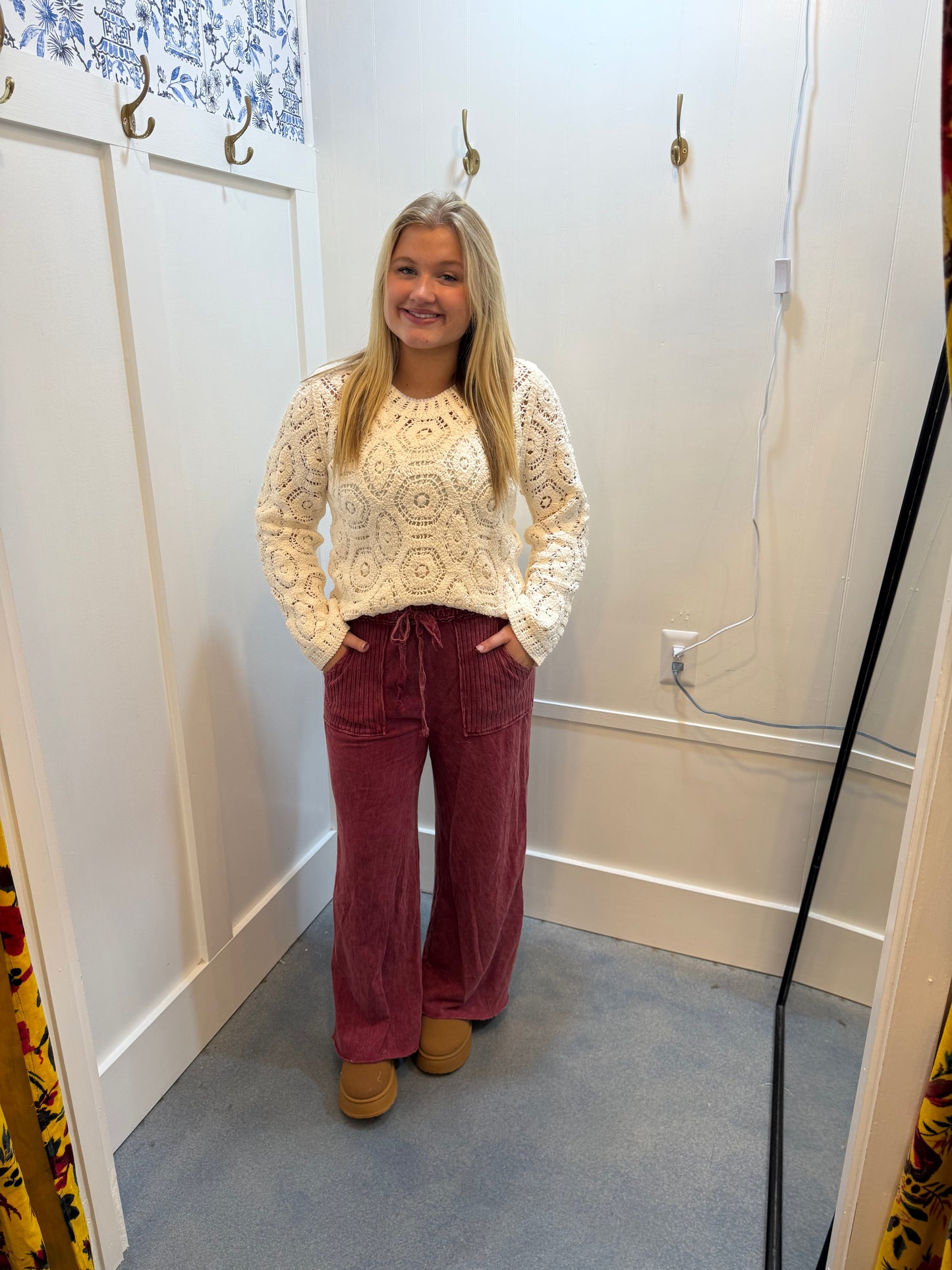 Mineral Wash Side Knit detail wide leg pants