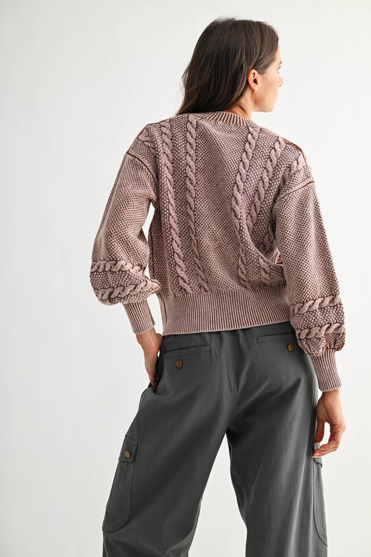 WASHED BLENDED BROWN CABLE KNIT CARDIGAN