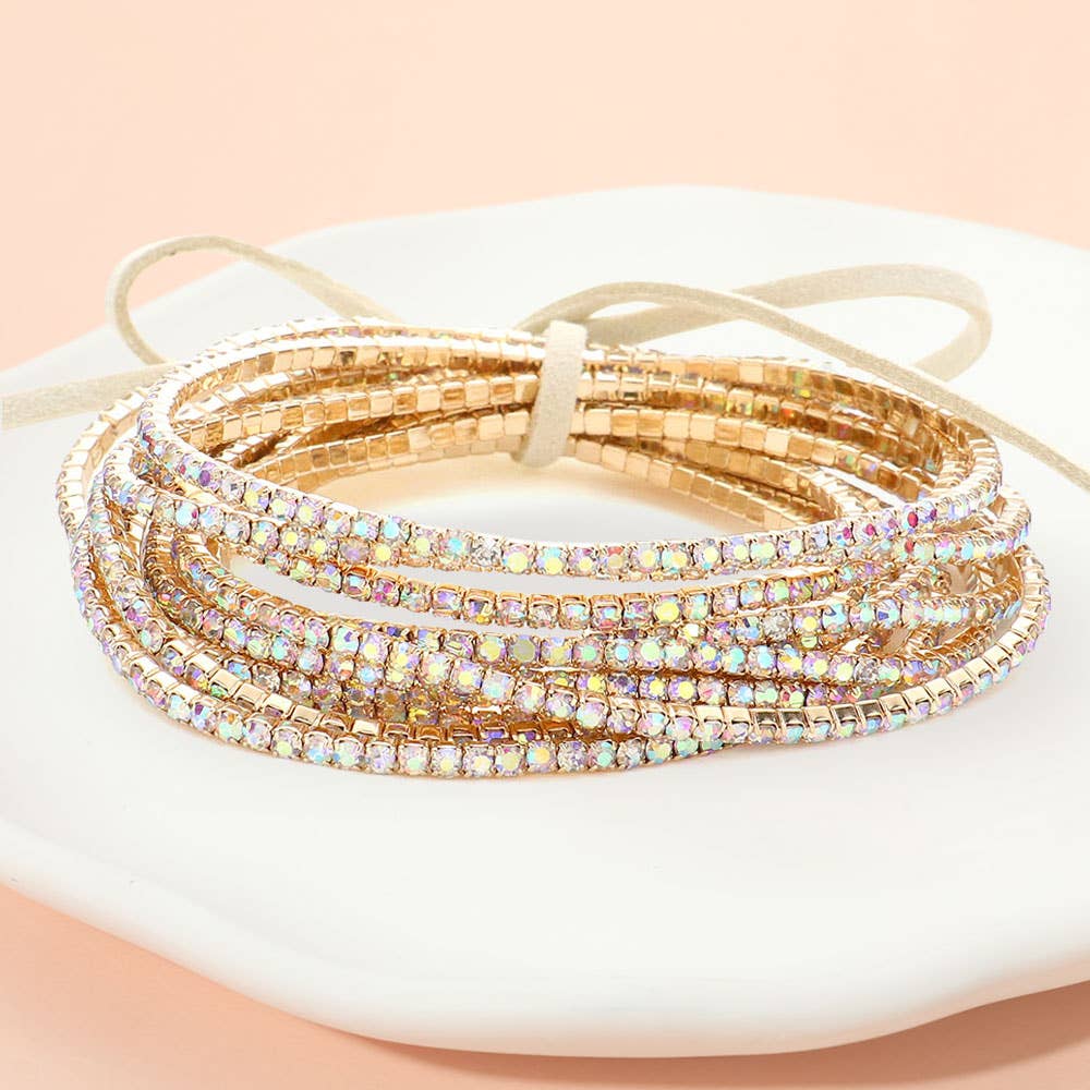 12PCS - Ribbon Pearl Rhinestone Layered Stretch Bracelets