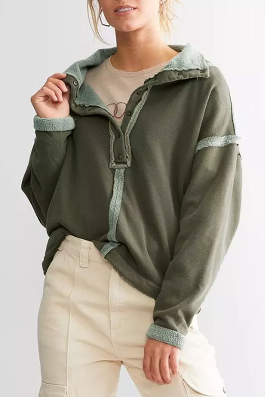 Fleece Exposed Seam Buttoned Neckline Sweatshirt