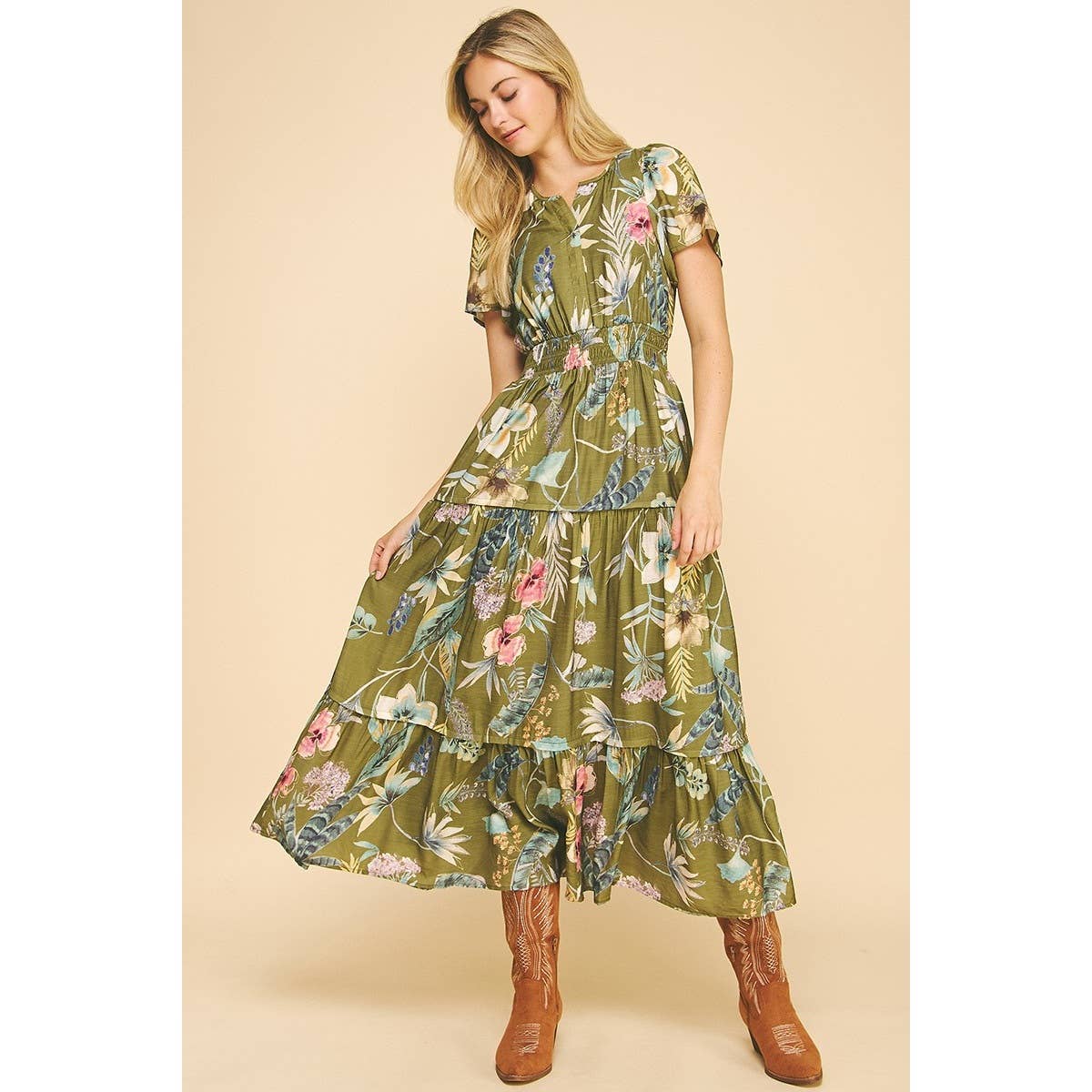 Floral Print Split Neck Tiered Maxi Dress