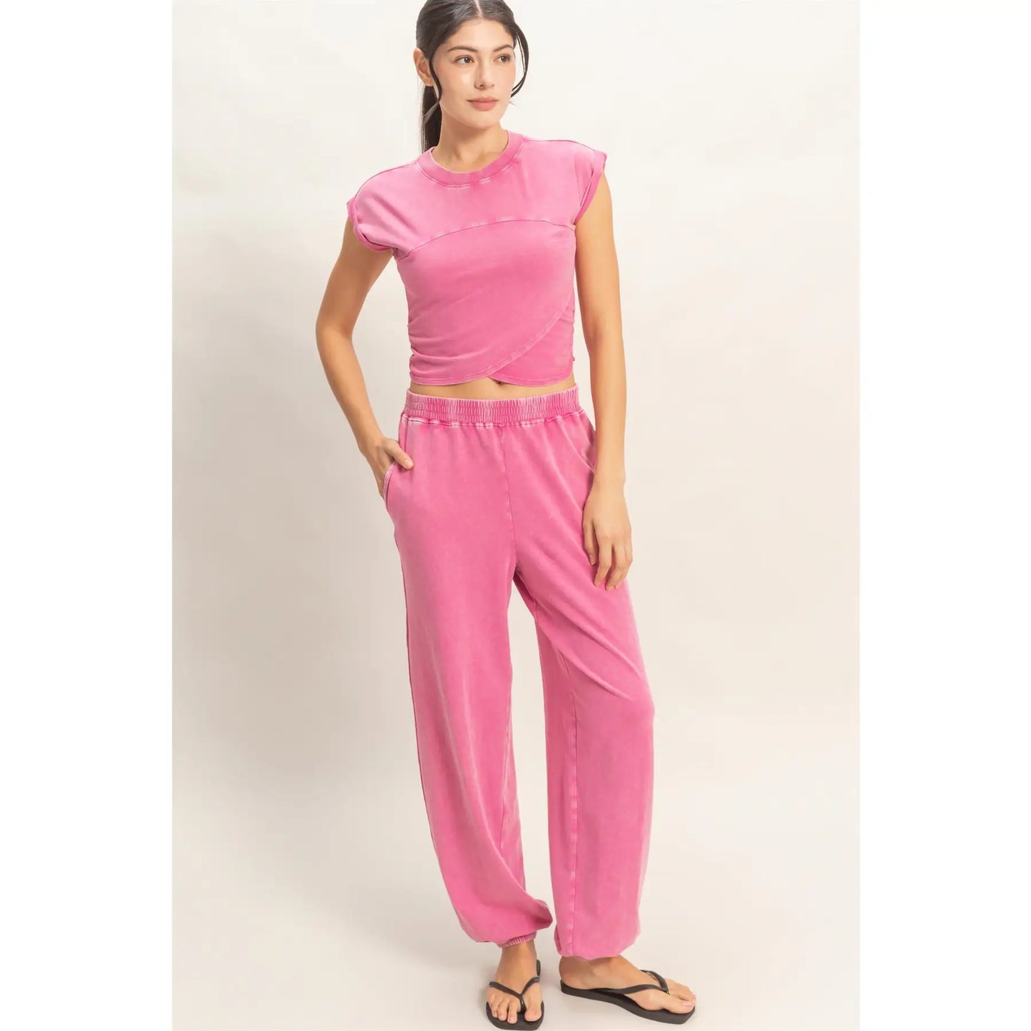 Rolled Sleeve Wrap-Front Crop Top And Jogger Set (Sold As Separates)