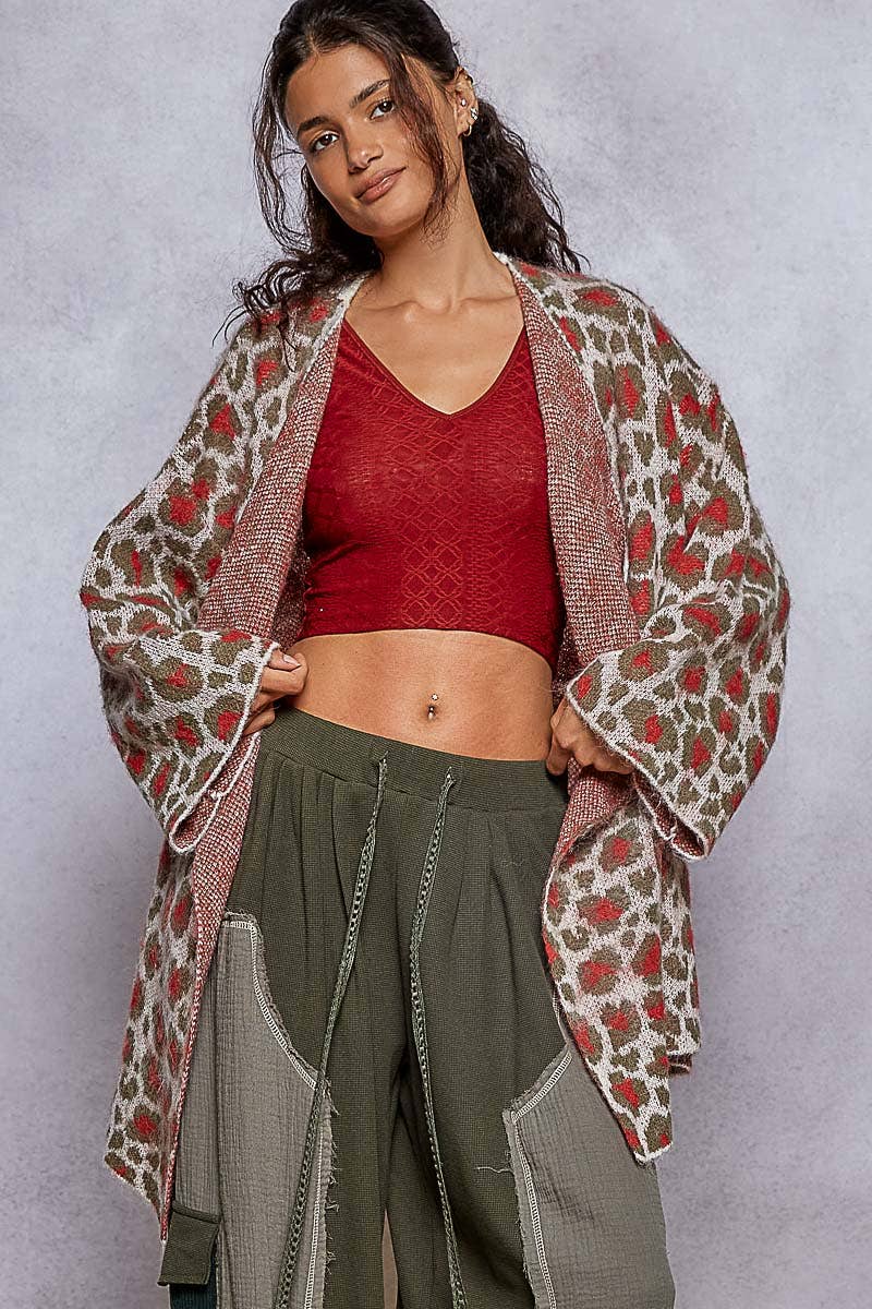Leopard Pattern Mohair Sweater Open Cardigan Top