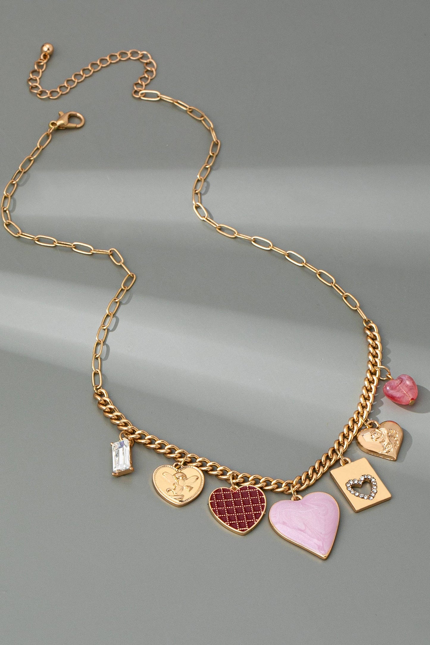CHARM NECKLACE-HEARTS CHECKER RHINESTONE
