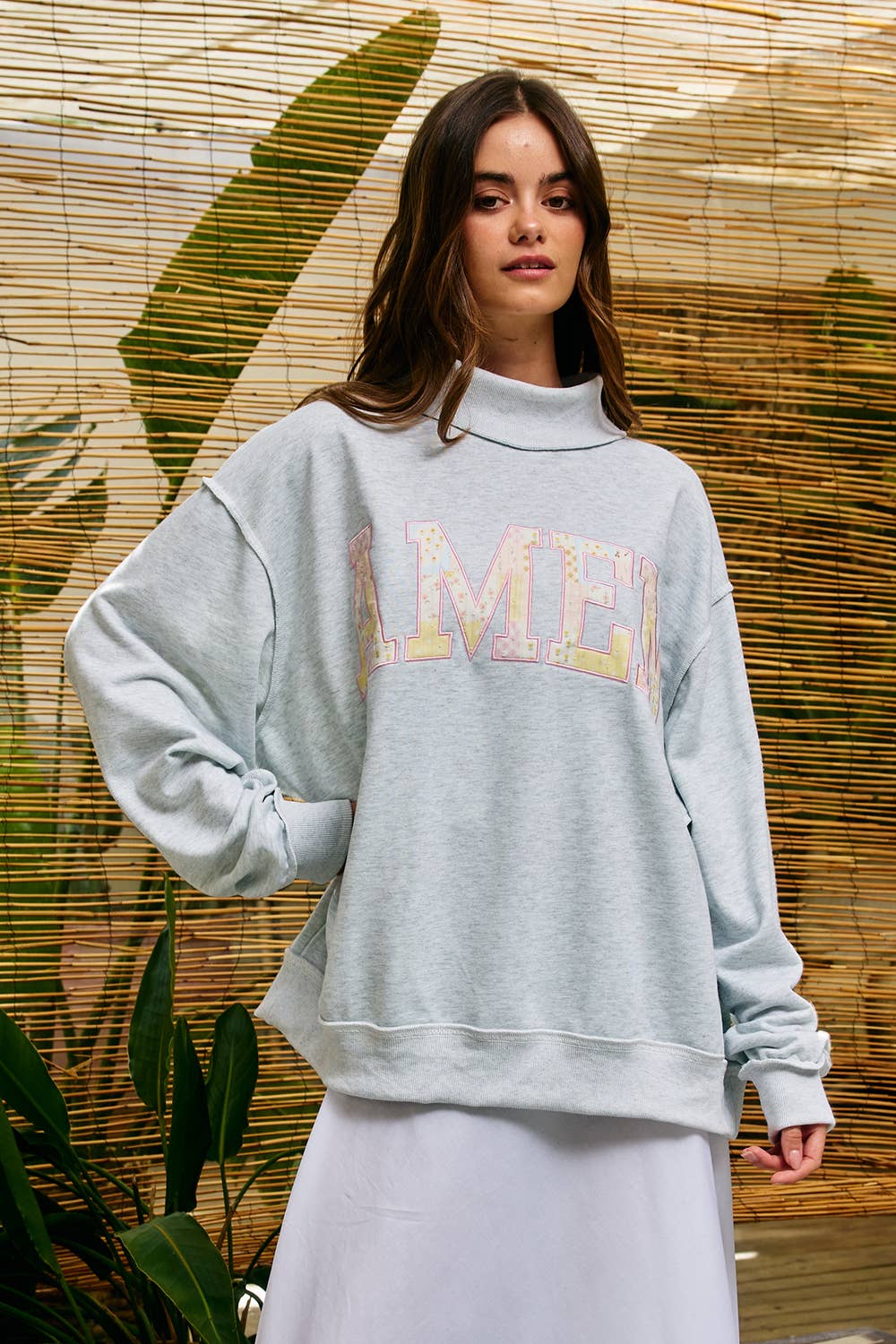 "AMEN" Patchwork Mock Neck Sweatshirt