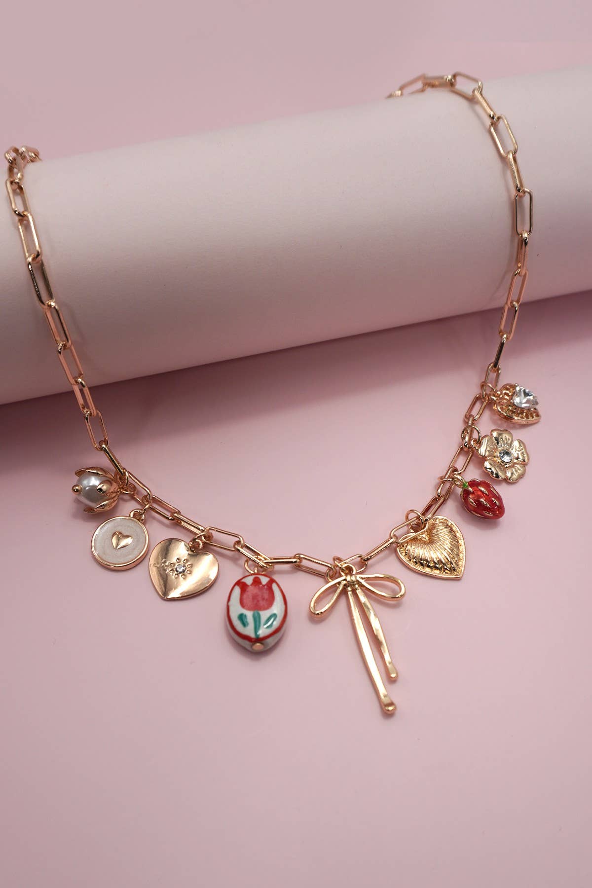 CHARM NECKLACE-BOW TOILE FLORAL HEART RHINESTONE