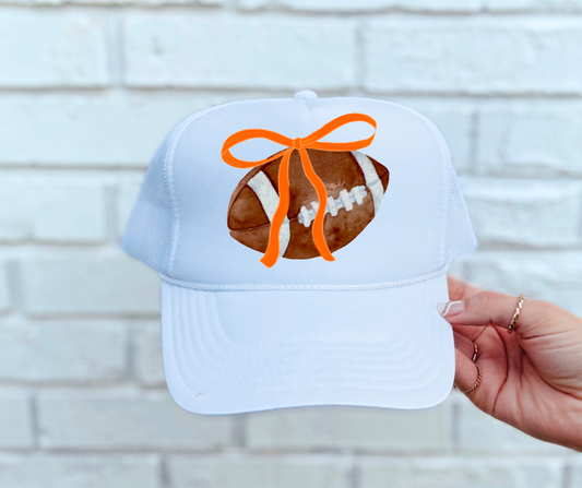 Coquette Football Orange Bow Game Day Trucker Hat - All White
