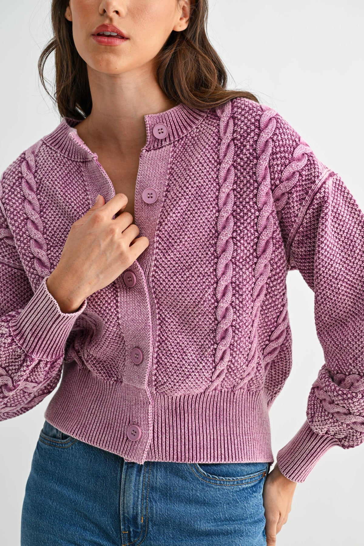 WASHED BLENDED BROWN CABLE KNIT CARDIGAN