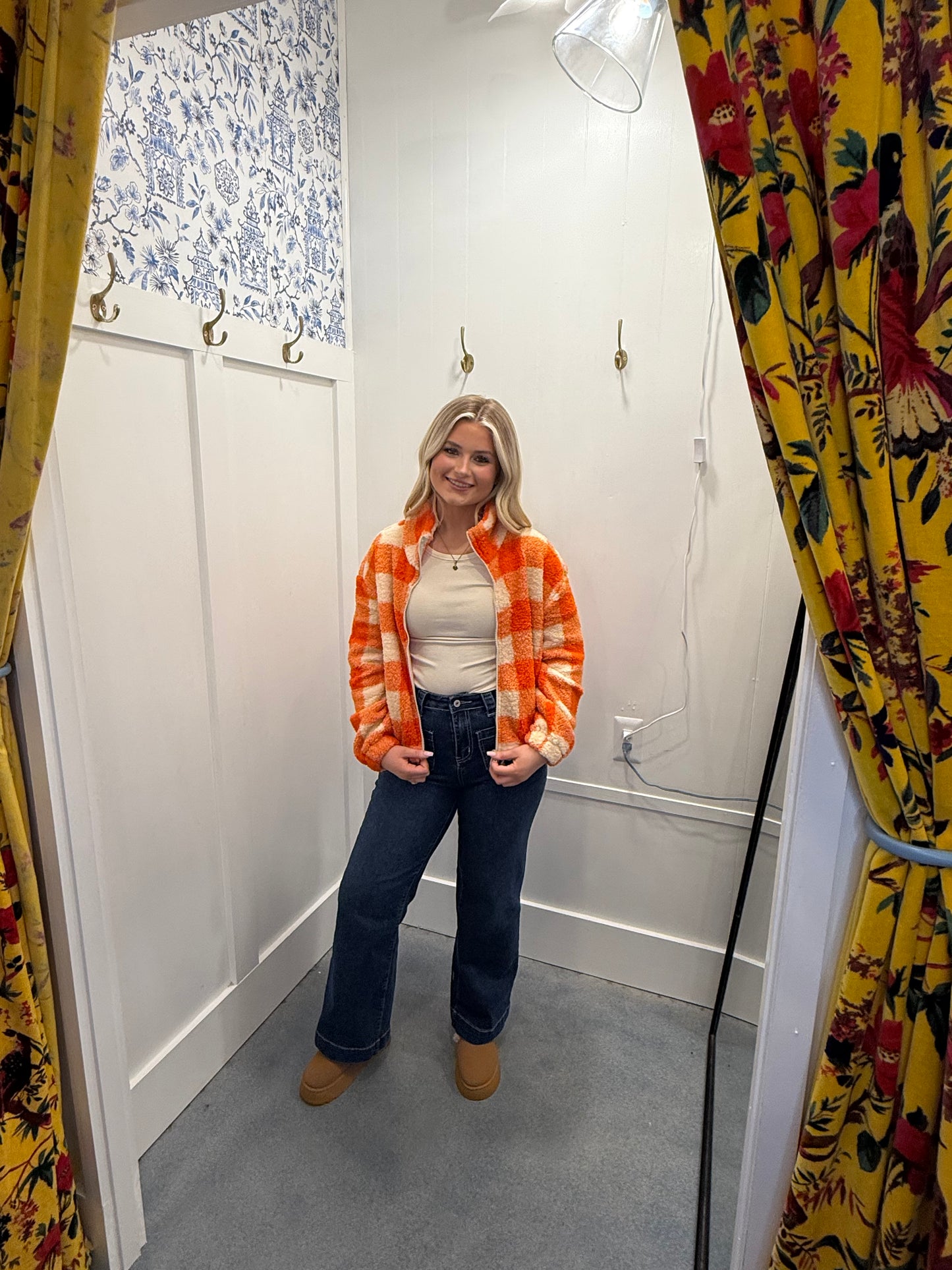 Long Sleeve Mock Neck Argyle Print Faux Fur Jacket