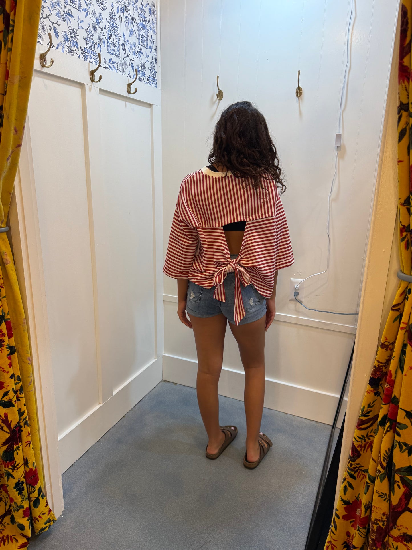 Bowknot Cutout Back Drop Shoulder Wide Bracelet Sleeve Loose Tee