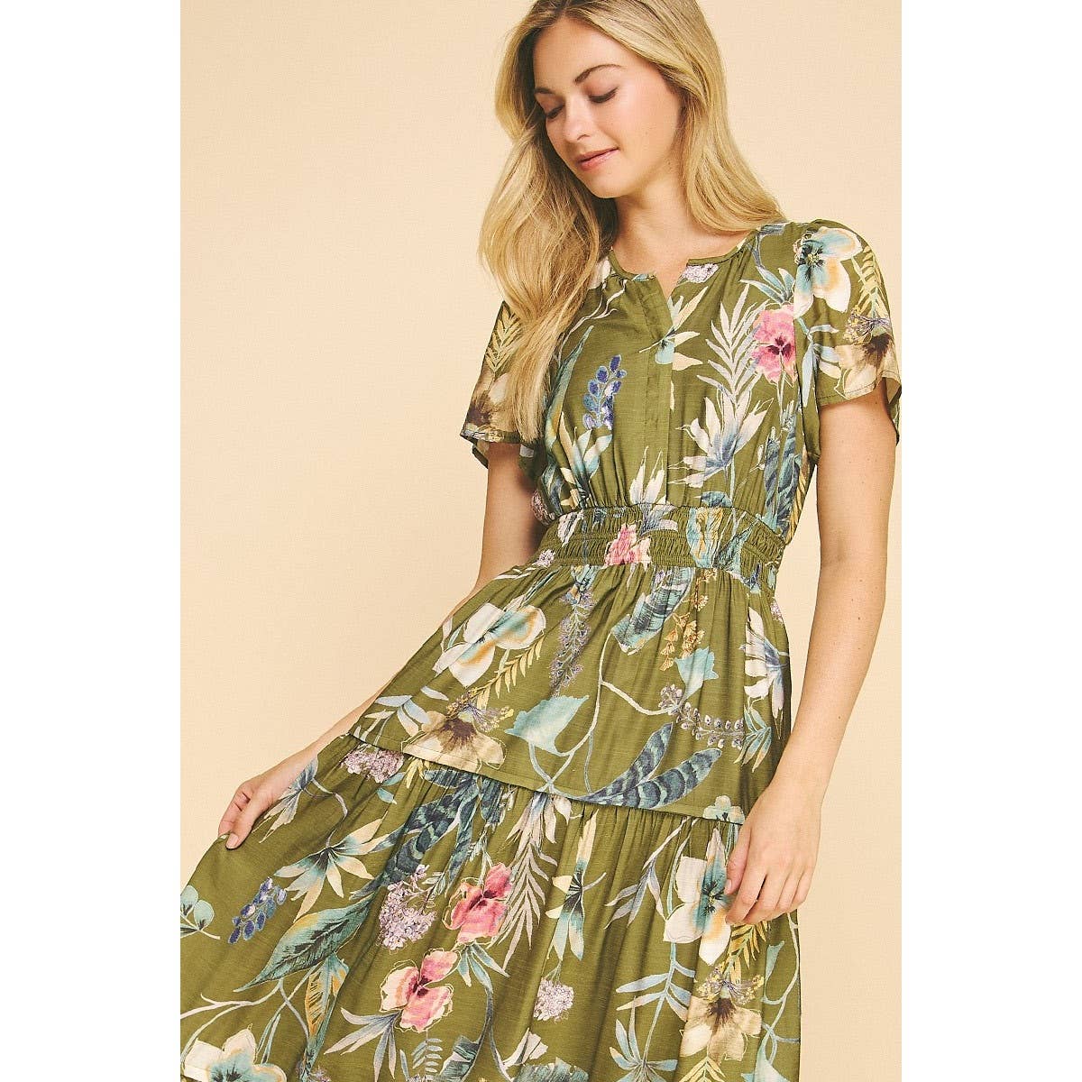 Floral Print Split Neck Tiered Maxi Dress