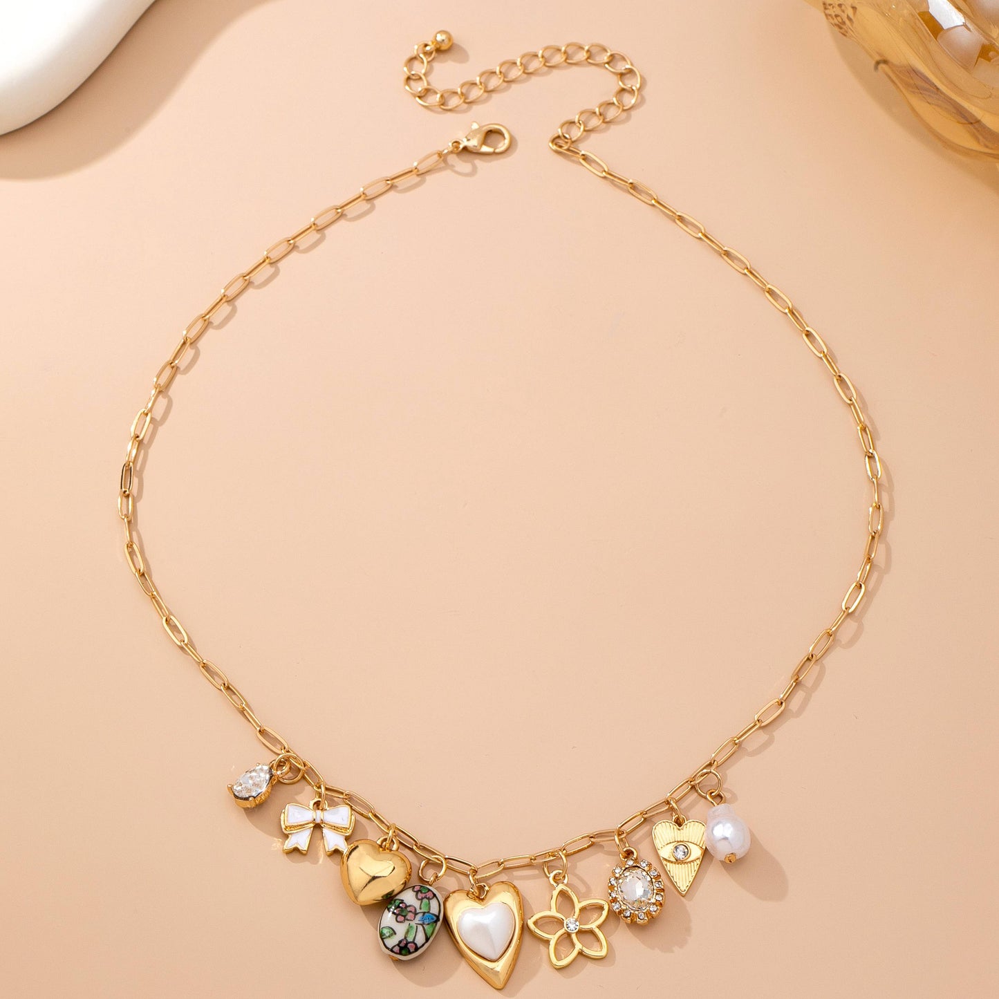 Charm Necklace-Charming Heart Bow & Pearl Dangle